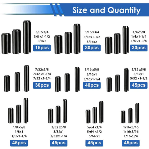 370 Piece Roll Pin Kit With SAE Slotted Spring Pins In 10 Common Sizes From 1/16 To 3/8 Inch For Home Improvement And Auto Repair, Durable Quick-Fix Fasteners, Great For Mechanical Projects And General Maintenance: size chart with black pins
