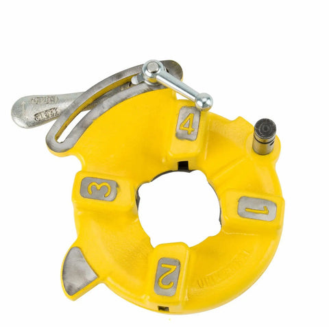 Beast Mode One Piece Pipe Threader And Heavy Duty Cutter With Complete Oil Setup and Smooth Rolling Transport Cart, yellow pipe threader head.