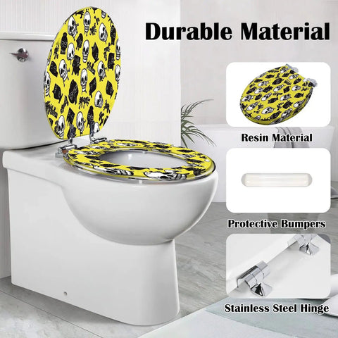 Elongated Toilet Seat for Bathroom featuring colorful resin design with skulls, protective bumpers, and stainless steel hinges.