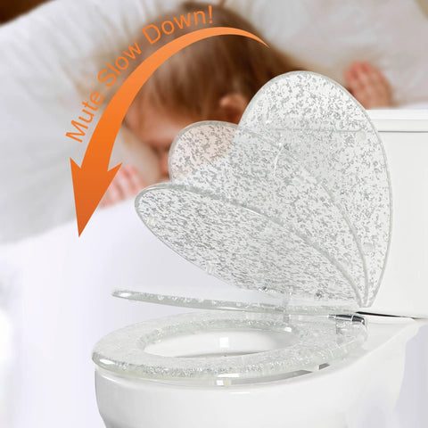 Resin Round Toilet Seat With Soft Close And Quick Release Heavy Duty Acrylic Glitter Cover Silver Foil Finish 17 Inch