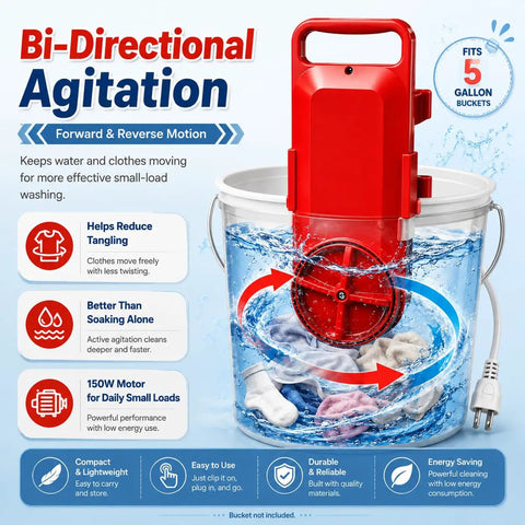 Portable 5 Gallon Mini Clothes Washer With Digital Timer And Quick Turn Spin Action Handles in water with clothes agitating in a bucket.