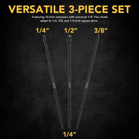 Impact Grade Socket Adapter Set With 12 Inch Extension Bit Holder Three Piece One Quarter Inch Three Eighth Inch And One Half Inch Drive To Convert Your Drill Into A Heavy Duty Impact Wrench Built From Heat Treated Chrome Vanadium Steel, featuring three labeled extensions.