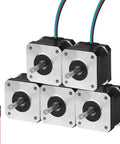 Front view: five NEMA 17 bipolar stepper motors, 42×33 mm aluminum bodies, silver front plates, with attached cables.