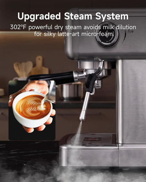 Next Level Home Barista Espresso Machine Rolling Out Barista Grade Shots With A Rock Solid 58 Mm Commercial Group Head And Fully Custom Temp Timers For Pulling Smooth Extracts All Day Long showcasing upgraded steam system with latte art.