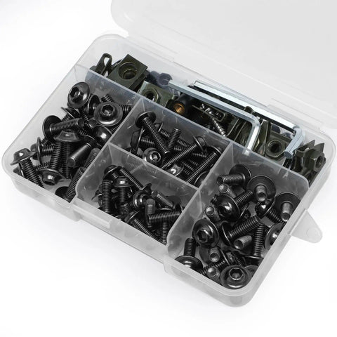 Titanium Motorcycle Fairing Bolt Kit 177Pcs with stainless steel screws, nuts, washers, clips in compartment box