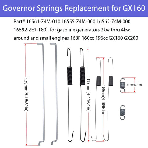 Throttle Return Springs Kit Six Piece For Small Engines And Lawn Equipment Including Governor Springs Anti Surge Idle Springs And Throttle Rods For Honda Briggs And Stratton Cub Cadet Troy Bilt MTD Go Kart Mini Bike Replacement shown with parts dimensions
