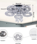 Five Ring Crystal LED Ceiling Light Chandelier For Dining Room Kitchen And Bedroom Cool White 4500K Non Dimmable Dope Modern Fixture With Stainless Steel Frame Built In 39W LED, shown with size dimensions and crystal details.