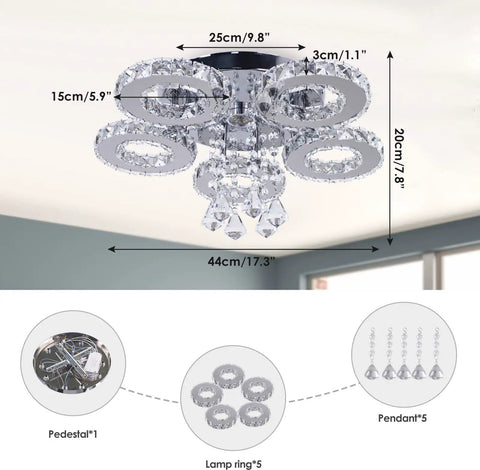 Five Ring Crystal LED Ceiling Light Chandelier For Dining Room Kitchen And Bedroom Cool White 4500K Non Dimmable Dope Modern Fixture With Stainless Steel Frame Built In 39W LED, shown with size dimensions and crystal details.