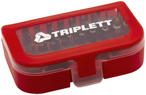 Security Bit Set 32 Piece Tamper Proof Kit With 30 Industrial Grade Bits in a red case with clear lid and label, side view.