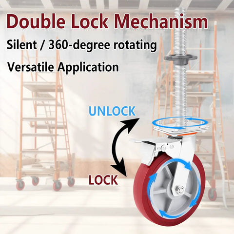 1 Pack Eight Inch Adjustable Leveling Scaffolding Wheels With Two Inch Thick Casters For Rough Job Site Grounds Easy Roll Maneuvering and Tough As Nails Stability For Any Build Day with double lock mechanism and red rubber wheel.