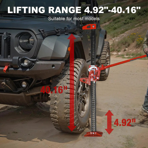Beefy 48 Inch Ratcheting Off Road Utility Farm Jack, 3 Ton Capacity, lifting SUV tire, red finish, on rugged terrain