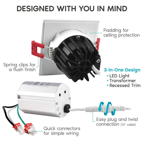 2 Inch Square LED Recessed Light With Junction Box 8W 50W Equivalent 5000K Bright White 600 Lumens Dimmable Downlight components
