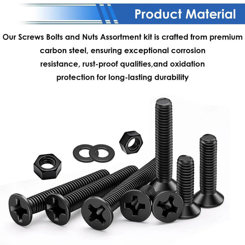 1020 Piece Black Nuts and Bolts Set with 21 Sizes M2 M3 M4 M5 Phillips Flat Head Screws Nuts Washers for Machinery