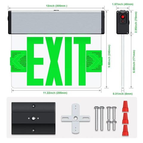 Green LED Edge Lit Exit Sign With Brushed Aluminum Housing UL Listed Emergency Exit Light Single Sided Clear Acrylic Battery Backup Hardwired AC 120347V Top Side Or Wall Mount 4 Pack with installation parts visible.