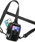 Universal Chest Harness With Easy Access Carry Pouch fits Symbol Zebra USPS and other postal scanners, shown with items inserted.