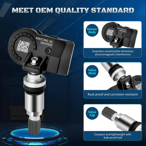 Heavy Duty TPMS Tire Pressure Sensor Replacement Direct Fit For 433 MHz Systems Plug In Ready showing sensor body and valve stem.