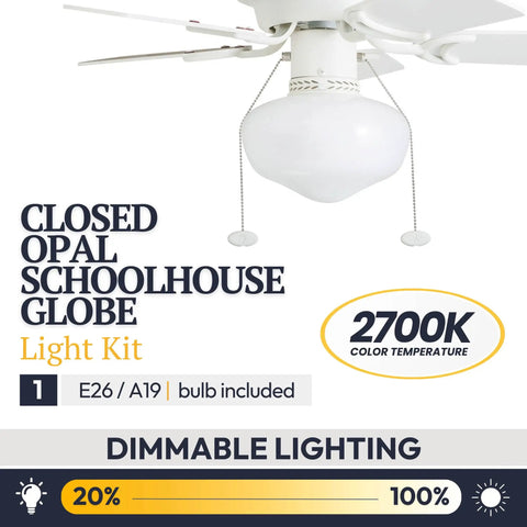 28 Inch Traditional Flush Mount Indoor LED Ceiling Fan With Light, pull chain, dual finish blades, closed opal schoolhouse globe
