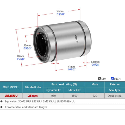 2 Pcs LM25UU Linear Bearing For 25x40x59mm Shafts, chrome steel, side view with dimensions, fits DIY projects, CNC, 3D printer.