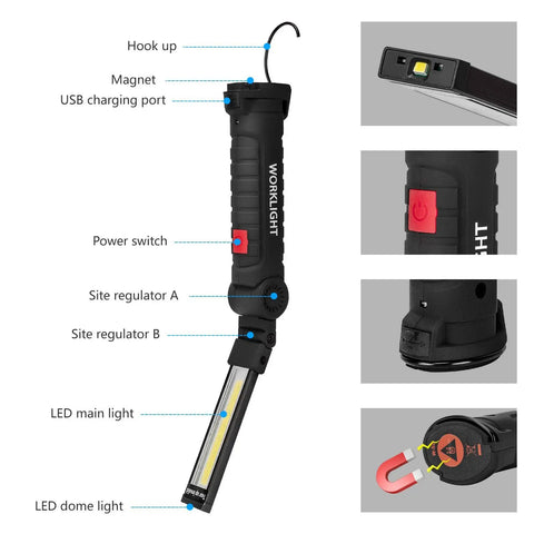 Two Pack Rechargeable LED Work Lights With Magnetic Base 360 Degree Rotation Foldable Durable Rubber And Aluminum Multi Mode Illumination For Repairs And Outdoors Ideal Gift For Men And Handy Dudes