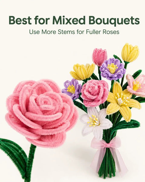 Colorful pipe cleaner flowers from DIY Pipe Cleaner Flower Kit For Adults With Step By Step Video Tutorials 600 Piece Chenille Stem Craft Set.