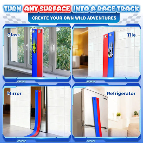 Double Sided Flexible Race Track With Strong Suction Cups For Wall Or Window Use 1 64th Diecast Cars on various surfaces