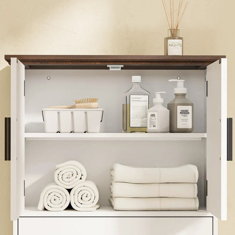Interior view of Over The Toilet Bathroom Wall Cabinet With Drawer And Adjustable Shelves Floating Medicine Cabinet Organizer For Small Bathrooms Dual Doors White And Brown Space Saver Storage Easy To Install, showcasing toiletries and folded towels.