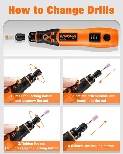 Mini Cordless Rotary Tool Kit With 3.7V USB Recharge, 32 Accessories, Three Speeds 5K 10K 15K RPM drill changing instructions