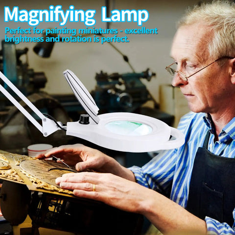Man using 10X Magnifying Lamp With Clamp, 2200 Lumen Super Bright Light, Real Glass Lens, Stepless Dimming for detailed crafting.
