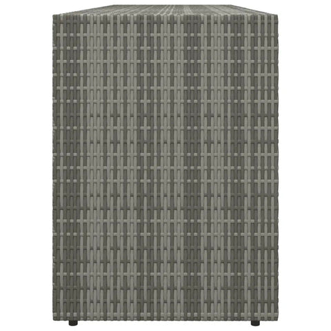 Heavy Duty Grey Garden Storage Cabinet And Outdoor Tool Chest, Weather Resistant Patio Organizer With Pe Rattan And Powder Coated Steel Frame, Tough As Nails Backyard Stash Box With Acacia Wood Knobs For Deck Use, close-up of woven poly rattan side.
