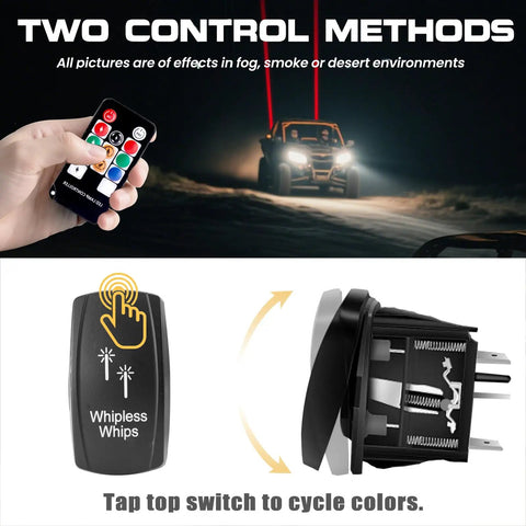 Whipless Led Whip Lights Kit With Rocker Switch Dual Control And Adjustable Mounts remote detail and UTV at night