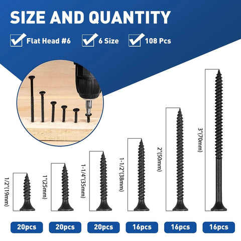 Drywall Screws Assortment Kit, 108 Piece Set With Coarse Thread Self Tapping Phillips Drive, Six Sizes on display with drill