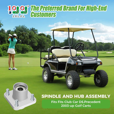 Durable Front Wheel Hub Assembly Pair For Club Car Ds And Precedent 2003 Up Golf Cart shown with a golf cart on the course.