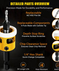 Go To Countersink Drill Bit Set With Low Friction Depth Stop And Replaceable HSS Pilot Bits, shown with detailed parts overview.