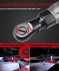 Cordless Ratchet Wrench Kit With 74 Ft Lbs Torque Brushless Motor showing forward and reverse switch, tightening bolts