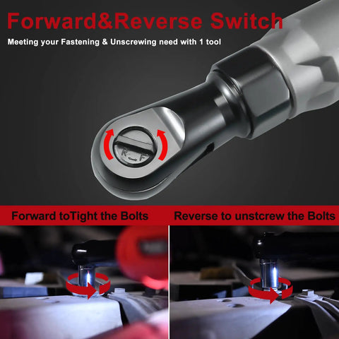 Cordless Ratchet Wrench Kit With 74 Ft Lbs Torque Brushless Motor showing forward and reverse switch, tightening bolts