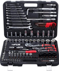 Grease Monkey Ready 120 Piece Socket Set With Ratchet And Torque Wrench Chrome Vanadium Steel Mechanic Tool Kit For Home Projects Or Car Repairs Hex Star Torx Bits in organized case with various sizes of sockets and tools.