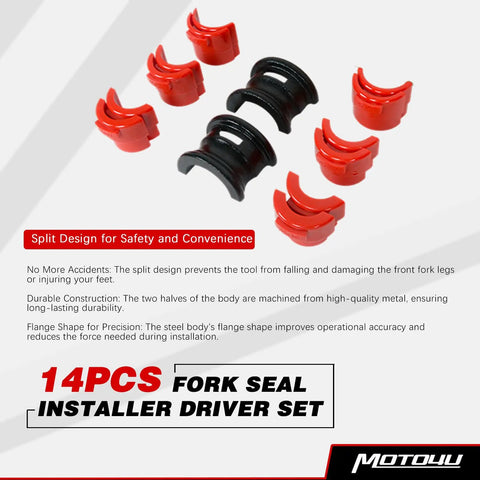 Universal Motorcycle Fork Seal Driver Kit With Twelve Plastic Fork Seal Drivers And Two Steel Bodies For 35 To 50 mm Forks Red