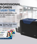 Single Sided ID Card Printer With Complete Supplies Kit And Gold Edition Software For Daily Office And Campus Use Delivers Crisp Full Color Credential Prints Ready To Roll Without Any Sweat, showing vibrant color cards.