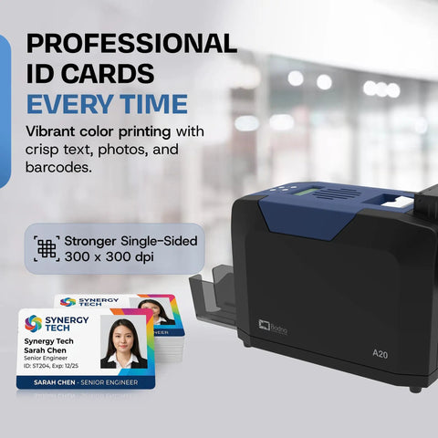 Single Sided ID Card Printer With Complete Supplies Kit And Gold Edition Software For Daily Office And Campus Use Delivers Crisp Full Color Credential Prints Ready To Roll Without Any Sweat, showing vibrant color cards.