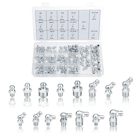 Metric Grease Fittings Kit With Sizes 1 Quarter Inch And 1 Eighth Inch And M6 M8 M10 Zerk Assortment displayed in a case