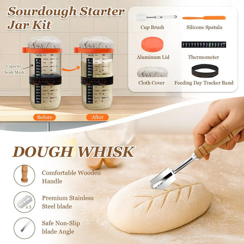 Pro Grade Sourdough Starter Kit With 2 9 Inch Round Banneton Proofing Baskets 24 Oz Glass Jar Danish Dough Whisk And Scraper shown