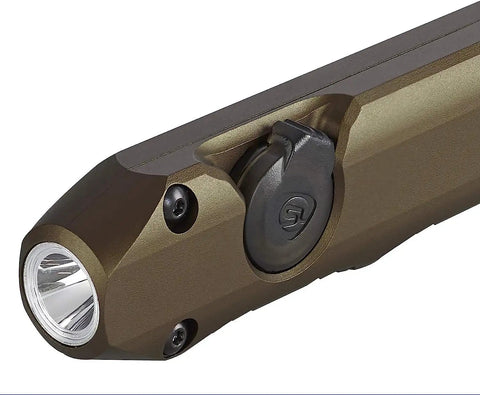 Close-up of Wedge Beast 1000 Lumen EDC Flashlight With THRO Burst And 300 Lumen Standard Beam, Coyote color finish, USB-C port visible