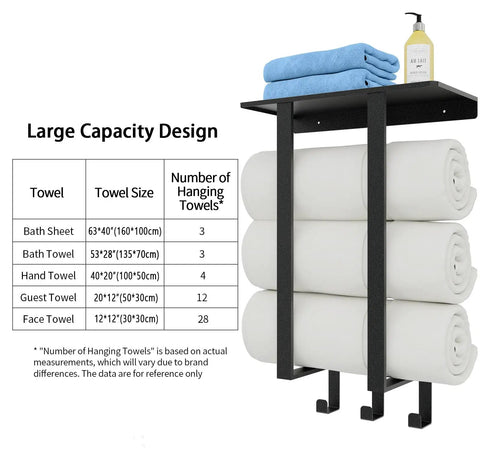 Compact Bathroom Towel Rack With Shelf And Three Hooks, Wall Mounted Towel Storage For Rolled Towels, Holds Up To Six Towels