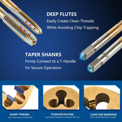 Close-up of titanium-coated tap and die set with deep flutes, taper shanks, sharp threads, and clear markings for metalworking.