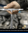Essential T Handle Hex Wrench Set With 4mm 5mm And 6mm Sizes Made Of Heat Treated Steel For Motorcycle Bike Car Repair Auto Mechanic Work And DIY Home Maintenance Projects That You Gotta Have In Your Garage, chrome plated T wrench in hand