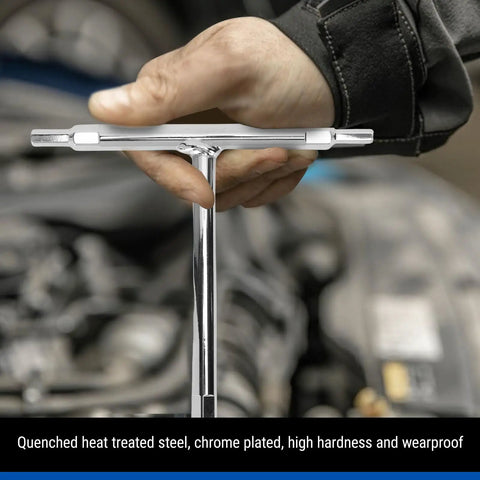 Essential T Handle Hex Wrench Set With 4mm 5mm And 6mm Sizes Made Of Heat Treated Steel For Motorcycle Bike Car Repair Auto Mechanic Work And DIY Home Maintenance Projects That You Gotta Have In Your Garage, chrome plated T wrench in hand