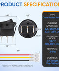 Three Way Round Rocker Switch 12 Volt With On Off On Positions SPDT Circle Toggle For Car Stereo Marine Boat Plug And Play Wiring Kit Wires Included Five Pack Heavy Duty 6A 250V AC And 10A 125V DC, front and side dimensions with pre-wired 3-pin terminals