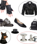 Professional Silver Stainless Steel Double Cap Rivets For Leather Wallets Bags 320 Pack showcased with leather apparel and accessories.