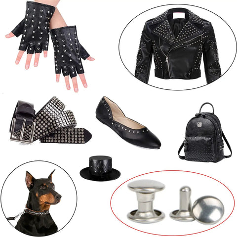 Professional Silver Stainless Steel Double Cap Rivets For Leather Wallets Bags 320 Pack showcased with leather apparel and accessories.