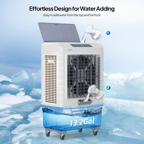 Heavy Duty 13.2 Gallon Evaporative Air Cooler And Portable Swamp Fan With Remote 4100 CFM Airflow top water filling design.